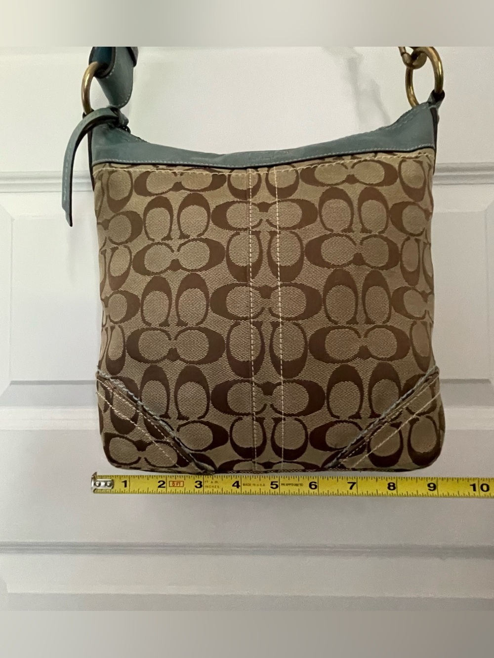 Vintage Y2K Coach signature Logo Blue & Brown Crossbody Shoulder Bag Zip Pockets - Picture 11 of 16